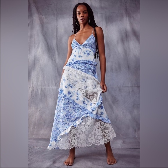 For Love & Lemons Rosalyn Maxi Dress Lace Patchwork Blue XS EUC - Picture 8 of 13